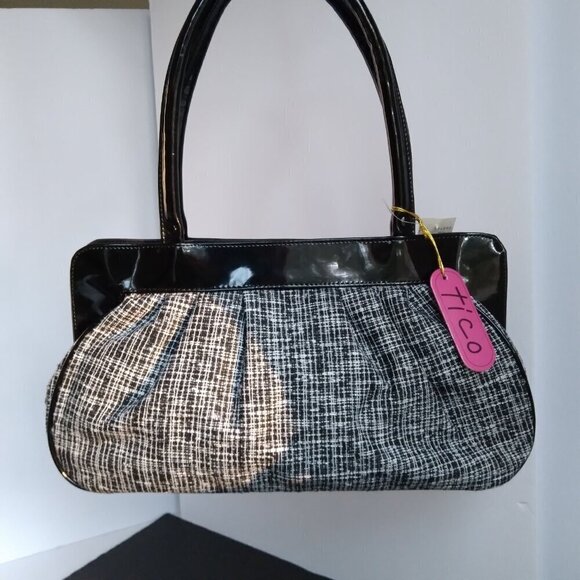 Tico NWT Black & White Graphic Tweed & Black Patent Shoulder/Satchel Bag - Picture 10 of 10